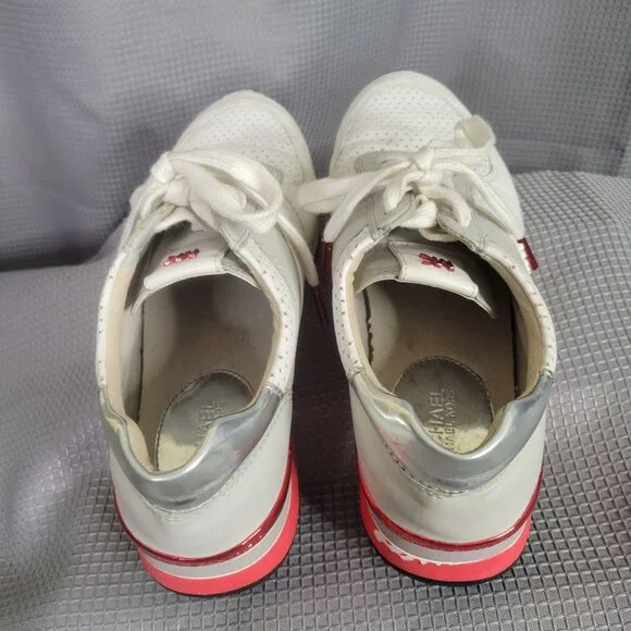 Michael Kors Womens Size 7M Sneakers Allie Perforated Leather Lace-up Gray Red - Picture 4 of 12